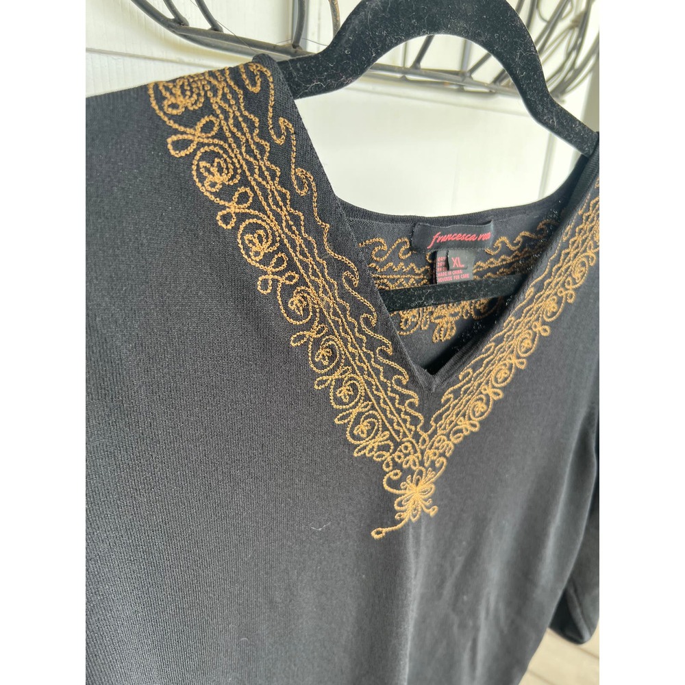 Francesca Rose V-Neck 3/4 Sleeve Blouse, Black w/ Gold Flower Embroidery, L / XL - Picture 3 of 10